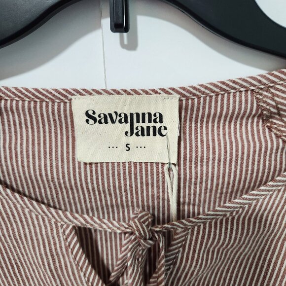 Savanna Jane NEW Long Sleeve Brown Tan Striped Peasant Top with Embroidery Small - Picture 2 of 9